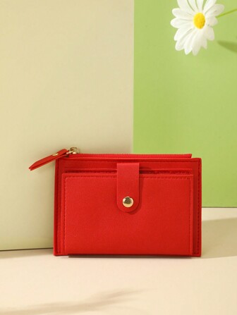 1 pieza Cartera corta de material de PU para estudiantes unisex con diseño simple de botón y cierre de cremallera, puede acomodar efectivo, monedas, tarjetas bancarias, etc. Regalo, accesorios, suministros escolares, regalos para maestros, portador de tarjetas, cartera de negocios, cartera de crédito, cartera de mujer, mini cartera, monedero