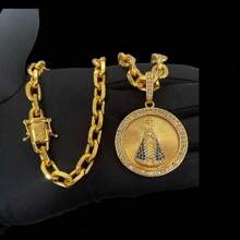 Cordão Cadeado 8mm + Pingente Nossa Senhora - Banhado a Ouro 18k