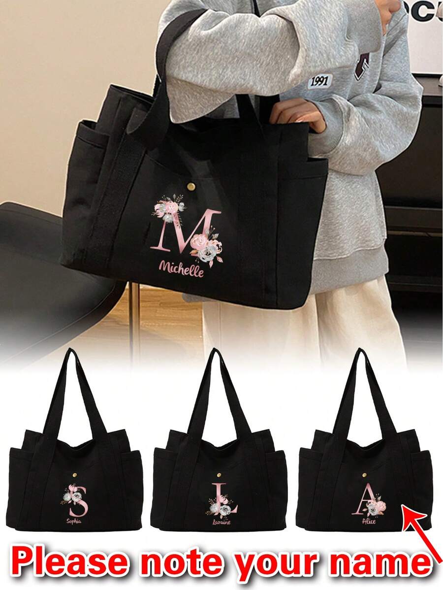 Customized Shoulder Tote Bags A To Z Initials Gold Letter Pattern Canvas Shopping Bag Personal Tailor Women's Large Capacity Organizer Shoulder Bags Grocery Handbags Personalized Reusable Storage Bag Custom Name Pattern Commute Canvas Bag Travel Picnic Bag Beach Ba, Portable, Multifunction, Versatile, Large Capacity, All-Purpose, Colorful, Cute, Adorable, Kawaii, Y2K, Vacay Vibes/Vacation, Leisure, Commuting, Business Casual, Girlfriend, Boyfriend, Family, Friends, For Outdoors/Outings/Travel/Hiking/Stadium/Sports/Climbing, For Business/Commute/Work/Office, Vacation