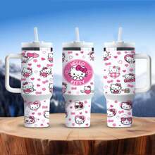 Sanrio 1 pieza Botella de agua de acero inoxidable de 40oz con asa, aislada, al vacío, con diseño lindo de Hello Kitty, portátil para viajes al aire libre (con pajita)