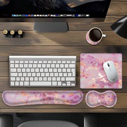 1 Set Of 8 Floral Marble Pattern Anti-Slip Wrist Rest & Mouse Pad For Computer/Laptop Office Use