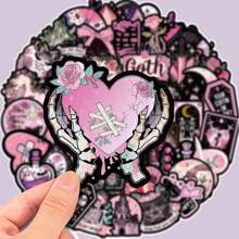 50pcs Black & Pink Gothic Skull Floral Rose Graffiti Stickers, Personalized Decals For Guitar, Notebook, Luggage, Laptop, Motorcycle, Skateboard