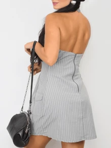 Vestido Feminino Frente Única Casual Elegante Linho Risca de Giz - Cinza - Visão 3