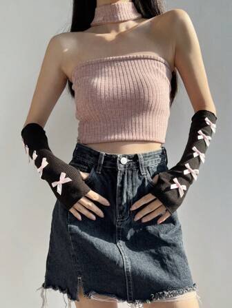 1 para słodkich i uroczych damskich ocieplaczy na ręce, eleganckie inspirowane baletem rękawiczki bez palców z dekoracją w kształcie kokardki, dzianinowe rękawy rękawiczek, estetyka Y2K, moda uliczna, ozdobne rękawiczki w stylu księżniczki Lolita, odpowiednie na imprezy/randki