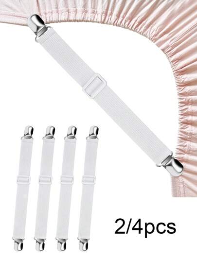 4pcs/Set White Bed Sheet Clips, Adjustable Elastic Sheet Straps, Heavy Duty Bed Sheet Fasteners With Metal Clip For Mattress Covers Sofa Cushion, Home Supplies