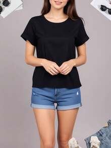 Blusa, de mujer, Básico, Cuello redondo, playera, playera básica - Negro - Ver 3