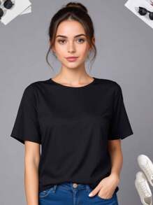 Blusa, de mujer, Básico, Cuello redondo, playera, playera básica - Negro - Ver 1