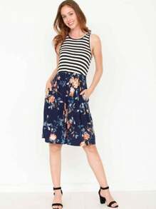 Vintage Boho Sleeveless Summer Navy Floral Shift Short Swing Aline Southern Dress | 1 XL - 3 XL Plus - Màu xanh lam - Xem 7