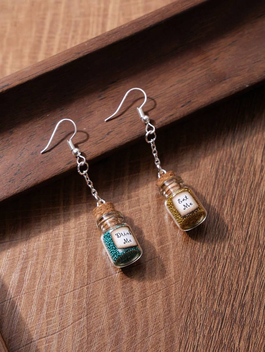 1pair Eat Me And Drink Me Alice In Wonderland Magical Glass Bottle Dangle Earrings, Suitable For Daily Wear - Silver - View 1