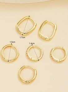 6pcs/Set Fashionable Minimalist Copper Metal Geometric Rhinestone Earrings Set For Women, Suitable For Vacation, Date, Gift, And Daily Wear - Yellow Gold - View 6