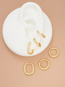 6pcs/Set Fashionable Minimalist Copper Metal Geometric Rhinestone Earrings Set For Women, Suitable For Vacation, Date, Gift, And Daily Wear - Yellow Gold - View 3