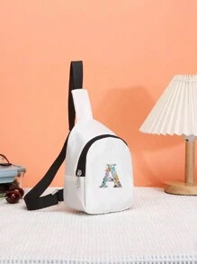 1入男女童休閒尼龍布拉鍊收口印花胸包，適合日常使用（字母位置不固定） - 白色 - 查看 5