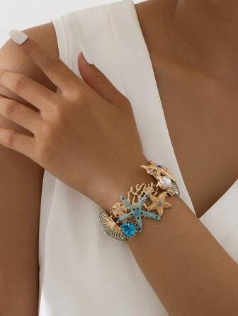 1入歐美風格異國情調海洋海星珊瑚手鍊，鍊條由合金、鑽石和海貝製成，適用於節日、生日、派對、婚禮、假期、購物和工作。