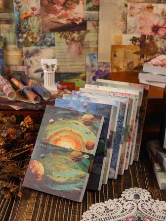 100入組浪漫花卉星球海灘風景主題啞面紙，120gsm | 复古星球設計紙可書寫剪貼背紙，尺寸5.51*3.94寸，適用於拼貼、手帳、創意項目
