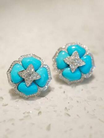 1pc Luxurious And Fashionable Turquoise Stud Earring, Silver-Plated With Blue Flower, Classic Wedding Jewelry Gift For Women Suitable For Daily Wear Valentines,Mom,Mother,Mother's Day,Gift
