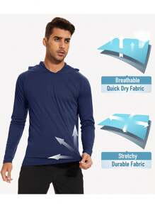 KEFITEVD Boyfriend Style Men's Hooded Quick-Drying Sports Tee Long Sleeve Running Athletic Shirts Rash Guards - Navy Blue - View 4