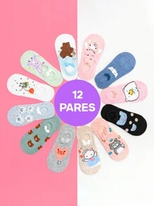 12 Pares Calcetines Invisibles Para Mujer Con Orejas De Peluche,Calcetines De Estilo Barco Con Dibujos Animados De Animales Para Diariamente - Blanco y Negro - Ver 1