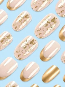 24件杏仁形持久闪粉美甲套装，适合女性和女孩美甲用品 - 金色 - 查看 3