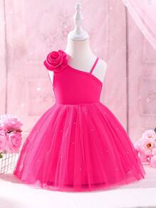 女嬰3D花卉裝飾不對稱領口夏季公主連衣裙，優雅時尚的派對禮物，適合小女孩生日 - 玫紅色 - 查看 1