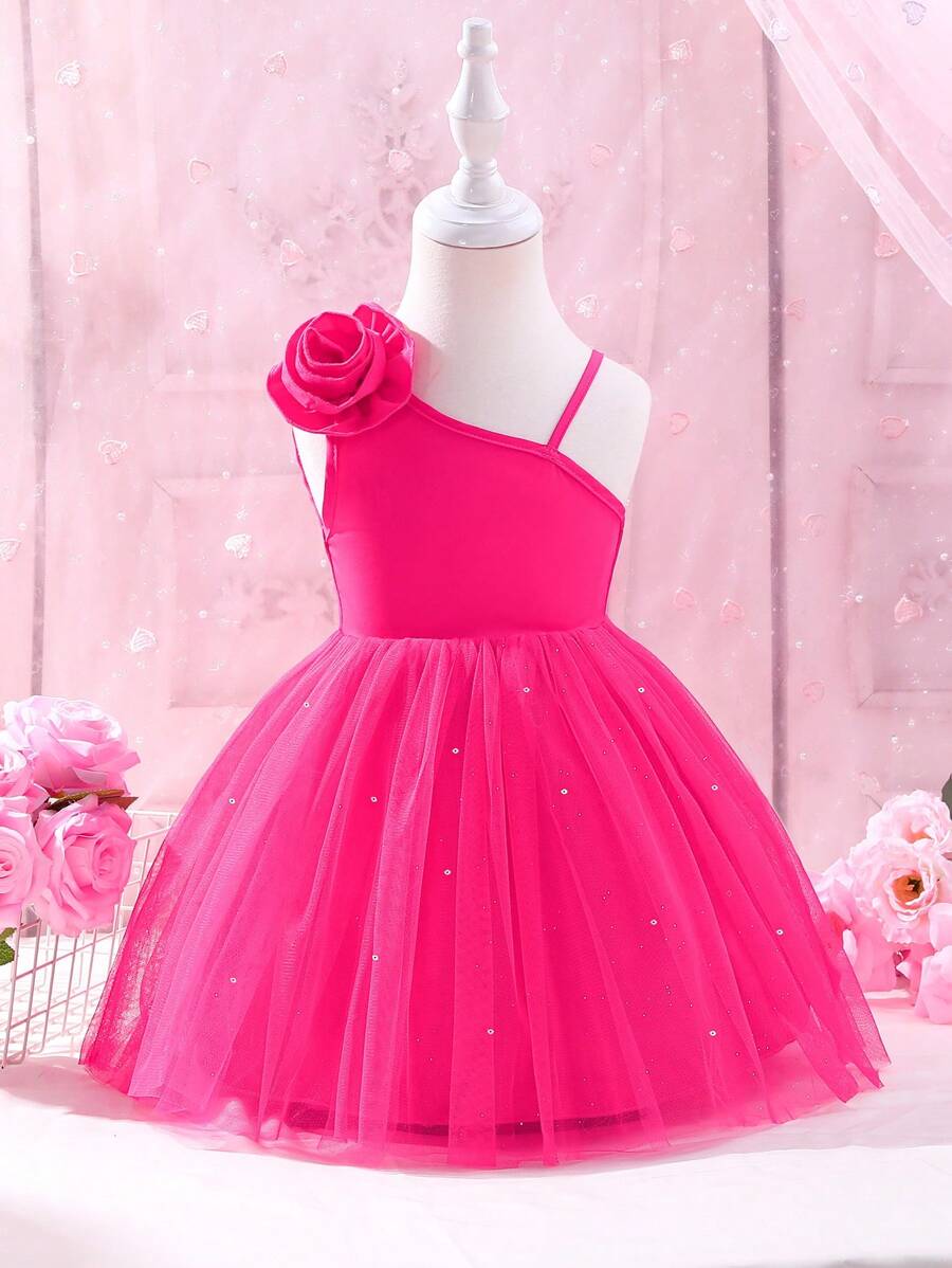 女嬰3D花卉裝飾不對稱領口夏季公主連衣裙，優雅時尚的派對禮物，適合小女孩生日 - 玫紅色 - 查看 1