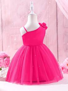 女嬰3D花卉裝飾不對稱領口夏季公主連衣裙，優雅時尚的派對禮物，適合小女孩生日 - 玫紅色 - 查看 2