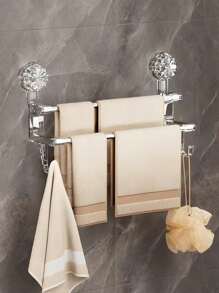1pc Double Bar Towel Rack With Hook, Wall-Mounted Storage Shelf With Suction Cup, Towel Bar Holder For Wet/Dry Towels, Reusable Drying Rack, For Bathroom Organization, Door Hook, Metal Storage Hook, Suitable For Towels, Bath Towels, Scarves, Bath Sponges, Home Decor, Room Decor, Bathroom Accessories