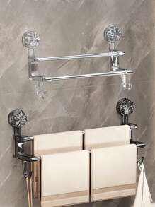 1pc Double Bar Towel Rack With Hook, Wall-Mounted Storage Shelf With Suction Cup, Towel Bar Holder For Wet/Dry Towels, Reusable Drying Rack, For Bathroom Organization, Door Hook, Metal Storage Hook, Suitable For Towels, Bath Towels, Scarves, Bath Sponges, Home Decor, Room Decor, Bathroom Accessories