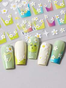2入組白花彩色卡通青蛙指甲貼紙，適用於法式美甲，簡單膠帶式滑块，優雅設計花紋紋理雕刻裝飾用具 - 彩色 - 查看 6