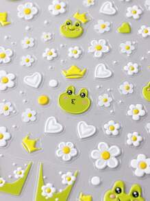 2入組白花彩色卡通青蛙指甲貼紙，適用於法式美甲，簡單膠帶式滑块，優雅設計花紋紋理雕刻裝飾用具 - 彩色 - 查看 9