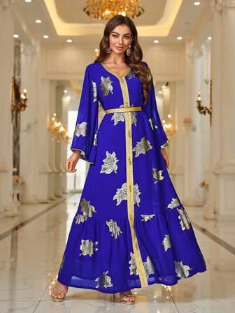 Women Gold Stamped Floral Printed Stitching Ribbon Long Sleeve Elegant Arabian Dress