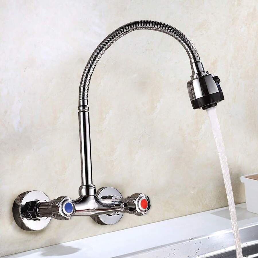 YUNRUX Kitchen Faucet 360 ° Rotatable, Spout Wall Mounted Mixer Tap Kitchen Faucet Brushed Nickel Cold Hot Single Lever Mixer Two Holes Stainless Steel Kitchen Faucet - Silver - View 1