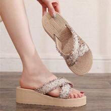 Women's Beach Slippers With Crossed Strap Design And  Rope Imitation - Coffee Brown - View 1