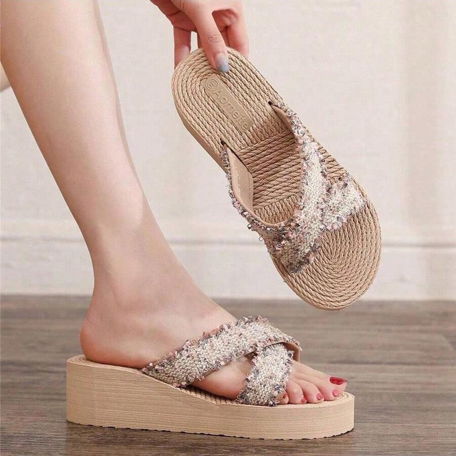 Women's Beach Slippers With Crossed Strap Design And  Rope Imitation - Coffee Brown - View 1