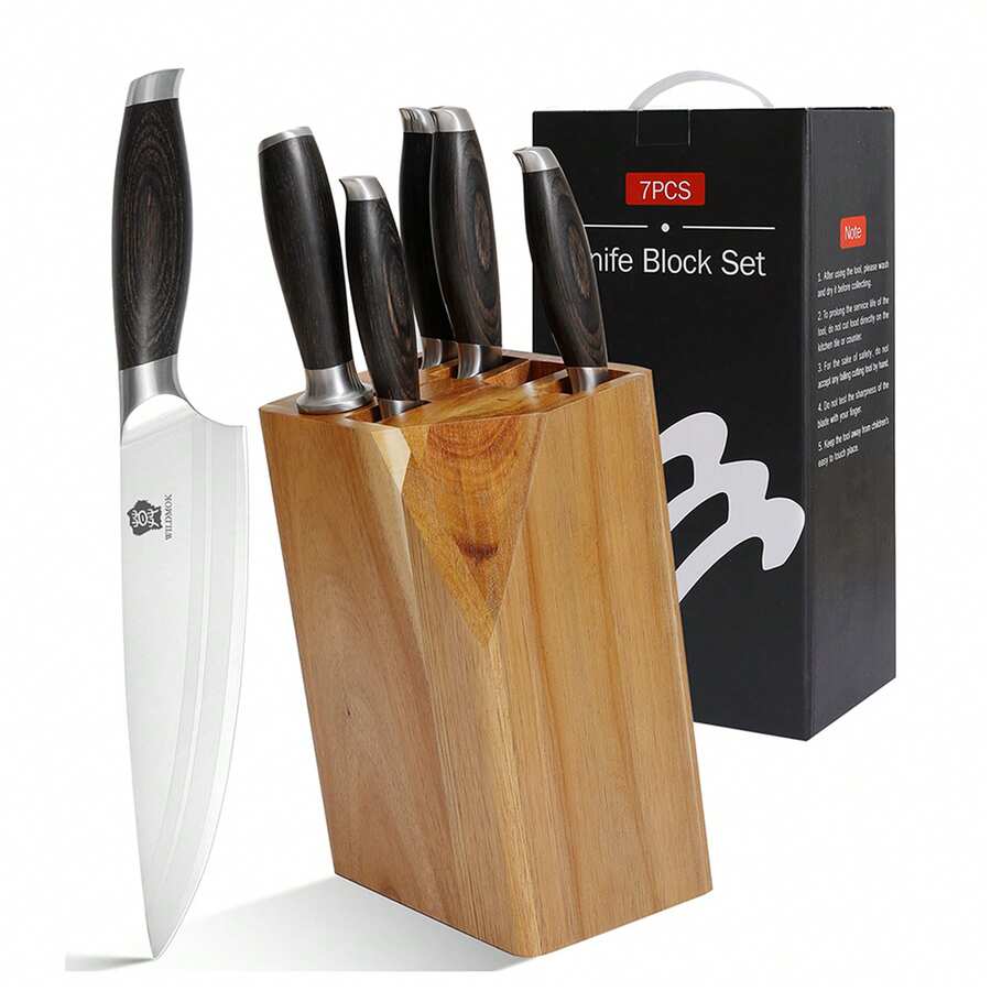 WILDMOK Knife Set, 7 Piece Kitchen Knife Set With Block Wooden, German Stainless Steel Sharp Chef Knife Set With Sharpener - Black - View 1