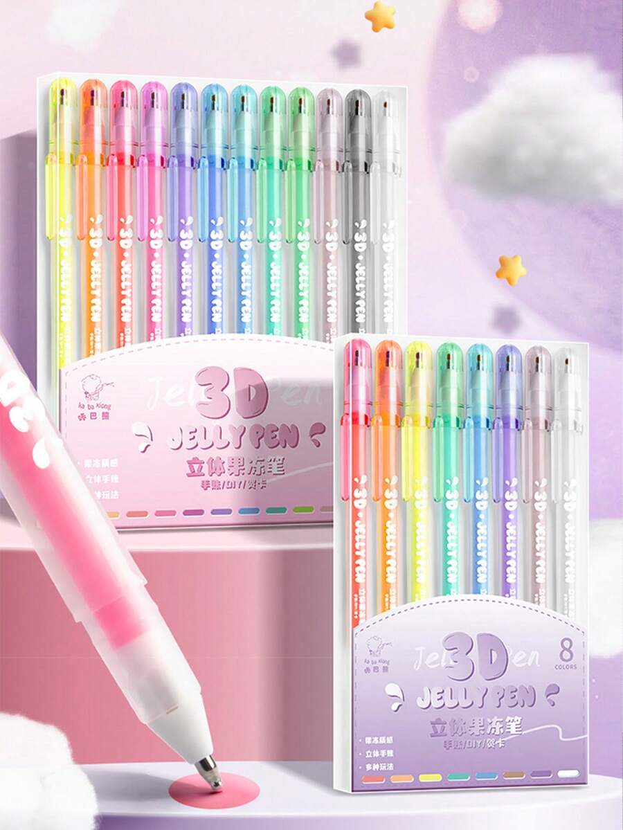 12/8色3D果凍筆學生套裝，高容量，不透明，閃閃發亮，適用於記錄、標記、高亮，網紅彩色筆芯 - 3d立體果凍筆(新品) - 查看 1