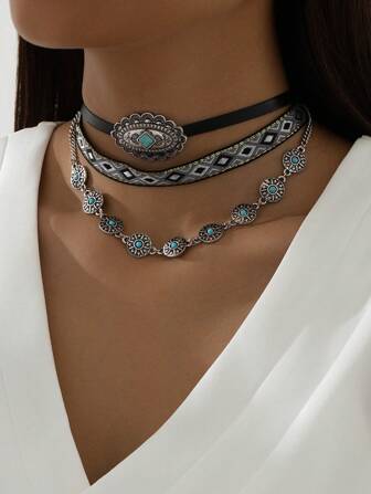 3pcs Vintage Western Style Turquoise Beaded Alloy Necklace Set, Suitable For Women's Daily Wear