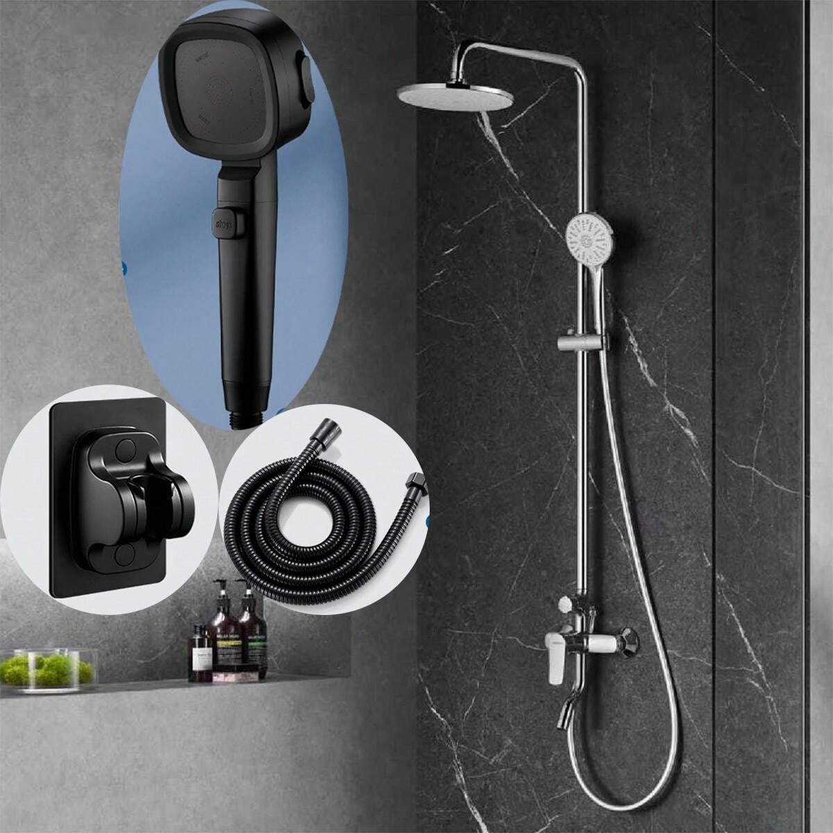 Black Square Three-Speed Shower Pressure-Boosting Showerhead Set For Bathroom Water Heater ...