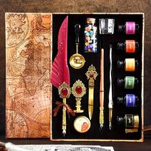 1 Set Of Gift Box Gem Feather Pen Calligraphy Pen And Ink Pen Set, Pen Gift Box Dipping Pen For Painting, Signing And Retro Decoration - Blue - View 3