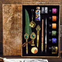 1 Set Of Gift Box Gem Feather Pen Calligraphy Pen And Ink Pen Set, Pen Gift Box Dipping Pen For Painting, Signing And Retro Decoration - Blue - View 2