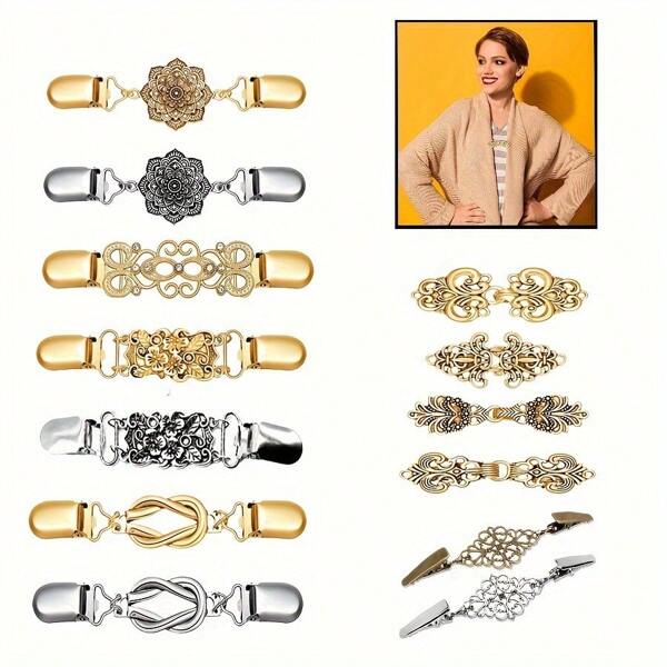 Set de 2 clips de chal de suéter vintage, accesorios ornamentales de patrón floral de metal para sujetar vestidos y cárdigans