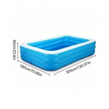 1pc 305CM/120inch Blue And White Inflatable Swimming Pool With Four Rings, Thickened Single Layer Bottom, Square Shape For Family Gathering, Pool Party, Water Party, Party Supplies. - Blue and White - View 5