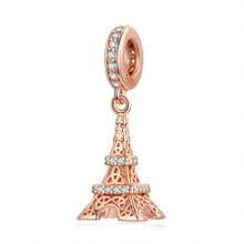 WOSTU 1 pièce Charme de fleur romantique rose violette en argent sterling 925, breloque en forme de cœur de cerisier rose, perles de phalaenopsis, pendentif Tour Eiffel et rose rouge sertis de zircone cubique rose doré, pour bracelet et collier DIY pour femmes. Cadeau pour maman, amie, fille.
