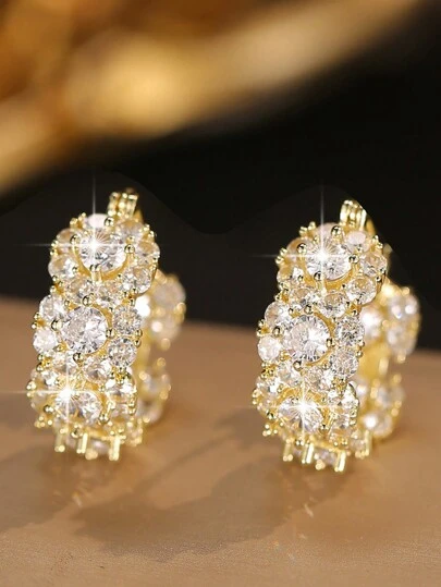 1pair Gorgeous Shinning White Cubic Zirconia Paved Elegant Round Decor Earrings Luxury Party Jewelry For Women