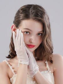 白色优雅新娘手套，饰以人造珍珠，适合女士婚礼或舞会佩戴，短款全指透明手套，秋季配饰 - 白色 - 查看 5