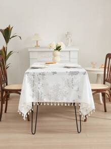 1 pieza Mantel blanco con borlas y diseño de rosa para mesa de café, cocina, comedor, adecuado para decoración de cumpleaños, fiesta o cena familiar