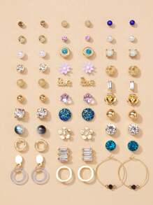 30pairs Fashionable CZ Pearl Heart Shaped Ear Studs Set With Metal Flower & Geometric Design, Suitable For Women To Wear Daily, A Gift For Holidays Or Jewelry Accessory Valentines,Mom,Mother,Mother's Day,Gift - Yellow Gold - View 14
