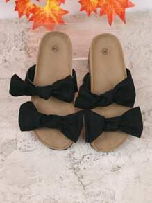 Soft Cork Slippers For Women, Thick Sole Stylish Slippers, Comfortable Beach Sandals With Bow Decor, Plus Size