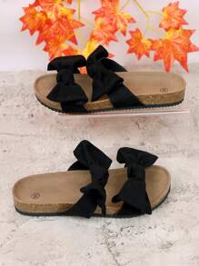 Soft Cork Slippers For Women, Thick Sole Stylish Slippers, Comfortable Beach Sandals With Bow Decor, Plus Size