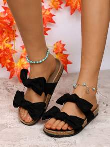 Soft Cork Slippers For Women, Thick Sole Stylish Slippers, Comfortable Beach Sandals With Bow Decor, Plus Size