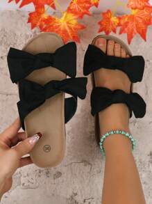 Soft Cork Slippers For Women, Thick Sole Stylish Slippers, Comfortable Beach Sandals With Bow Decor, Plus Size